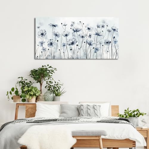 Image of VEAEE Framed Flowers Canvas Wall Art - Indigo Floral Canvas Pictures, Living Room Wall Decor, Botanical Canvas Prints Painting Abstract Artwork Bedroom Office Home Decor 20 inchx 40 inch