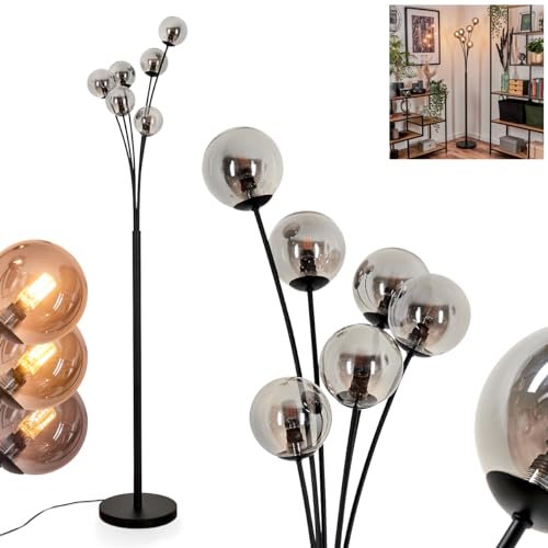 Stehleuchte Bernado, Stehlampe aus Metall/Glas in Schwarz/Rauchfarben/Klar, Leuchte im modernen Retro/Vintage-Design mit Schirmen aus Glas (Ø 10cm), dimmbar über Fußschalter, 6x G9, ohne Leuchtmittel