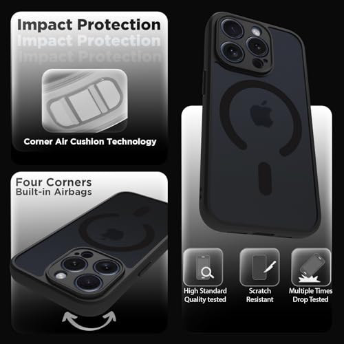 Image of RIGGEAR Shockproof Sleek Hybrid Armor Upgraded C-Shaped Magnetic Back Cover Case Compatible with MagSafe Accessories for iPhone 15 Pro (Smoke Black Matte PC + Black TPU Bumper)