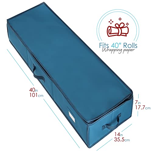 Image of Hearth & Harbor Wrapping Paper Storage Container - Christmas Storage Bag with Ribbon Dispenser and Interior Pockets - Gift Wrap Organizer Fits Up to 26 Rolls of 40 inch Length, Blue