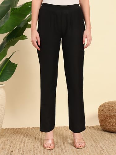 Image of Vogaan Women's Cotton Silk Pant | Half-Elasticated Waist Slim Fit Trouser for Women | Casual Pocket Pants for Office Formal Daily Use