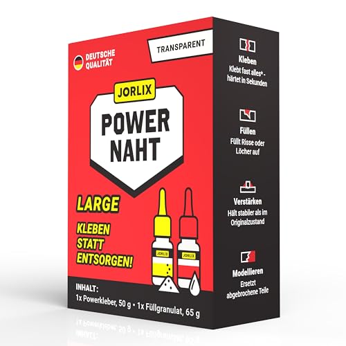 JORLIX POWERNAHT – 2K Schweissnaht Kleber Set | Large 115g | Sekundenkleber extra stark + Füllgranulat | Kunststoff, Metall, Holz, GFK & PVC uvm. | Deutsche Qualität – wasserfest & hitzebeständig