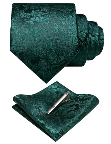 JEMYGINS Silk Emerald Green Floral Tie Necktie and Pocket Square,