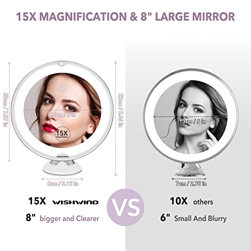 Wishwind 15X Magnifying Vanity Mirror With Lights,Large 8 Inch Portable Lighted Makeup Mirror With Touch Sensor 3 Color Modes Dimmable Light And Locking Suction Cup For Bathroom Magnifying Mirror #TOP2