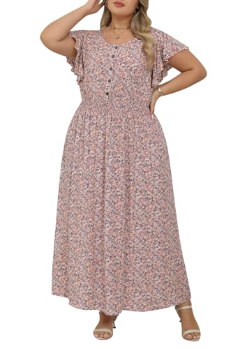 Image of Nemidor Womens Plus Size Boho Ditsy Floral Print Casual Smocked Flared Maxi Long Dress with Pocket