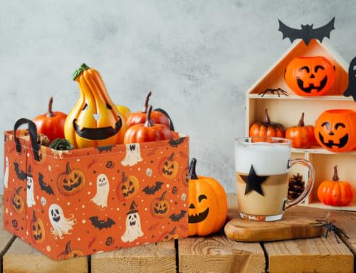 Image of Rectangular Halloween Basket for Boys and Girls Kids Trick or Treat Pumpkin Basket for Halloween Parties Cute Storage Bin Organizer Box Room Decor(Yellow Pumpkin Ghost)