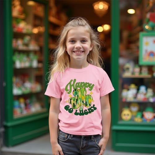 Image of MODNTOGA Kids Girls St Patricks Day Shamrock Graphic T-Shirt Happy Go Lucky Print Shirt Green Clover Short Sleeve Tee Tops (Pink, 9-10 Years)