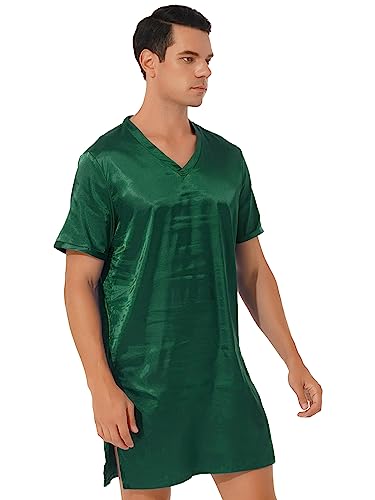 XUNZOO Men Satin Night Shirt Side Split Nightgown V-Neck Short Sleeve Lightweight Silky Sleep Shirt3