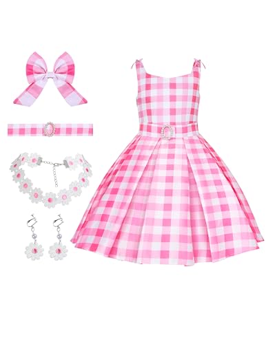 Spooktacular Creations Disfraz de Halloween para niñas, disfraz de vestido de cuadros rosa, vestido de muñeca rosa para niñas, fiesta de Halloween, juego de rol (grande (10-12 años))