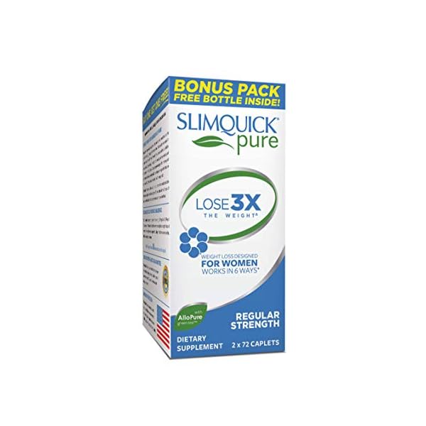 Slimquick-Pure-Regular-Strength-Lose-3X-The-Weight-2x72-Capsules Slimquick Pure 3x Regular Strength Pills for Women to Help Achieve Weight Goals, Helps Metabolism, Lose Excess Water, Keeps Full for Longer with AlloPure Green Tea, Caffine, Caste Tree - 2x72 Capsules