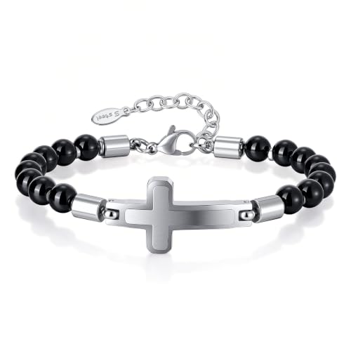 Cross Beaded Bracelet for Men-Christian Bracelets with Cross,Black Onyx - image 1