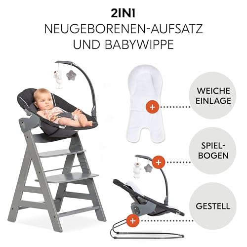 hauck Alpha+ Newborn Set Deluxe - Baby Holz Hochstuhl ab Geburt mit Liegefunktion - inkl. Aufsatz für Neugeborene & Sitzpolster - mitwachsend, verstellbar - Grau