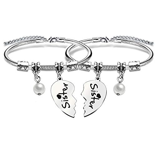 2 pulseras de corazón roto con perla para hermana regalo de cumpleaños y Navidad para hermanas amigas Cover