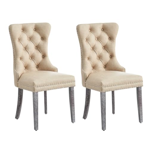 Image of Leather Dining Chairs, Upholstered Dining Room Chairs, Beige, Set of 2