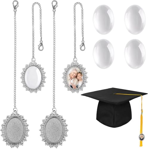 BLOCE Graduation Cap Photo Charm 4Pcs Class of 2026 College Gifts Custom Graduation Cap Tassel Silver DIY Memorial Pendant for Gown Ceremony