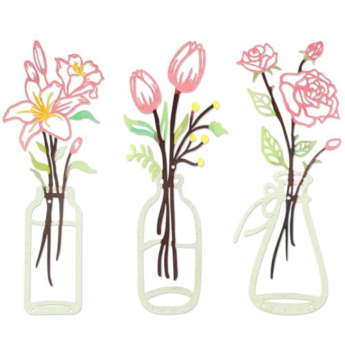 YiYa 3 Stück Wanddeko aus Metall Metall Blumen Wanddekoration Floral Line Wandskulptur Minimalistische Vase Wandkunst für Zuhause Wohnzimmer Schlafzimmer（Rosa）