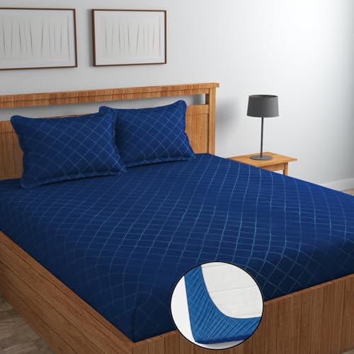 Image of Blue Strip Polycotton Fitted Bedsheet, King 72x78 (Blue Check) | 300 TC | All-Round Elastic Grip | Soft, Breathable & Colourfast | Wrinkle Resistant | Machine Washable