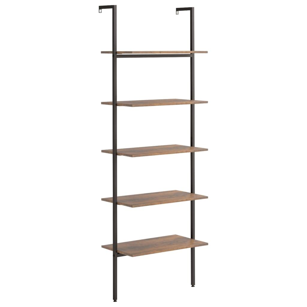 Fengshui Regał z 5 półkami, regał stalowy 64 x 35 x 185 cm, ciemnobrązowy i czarny, regał drabinkowy z 5 półkami na książki, rośliny i dekoracje, wytrzymała konstrukcja stalowa, oszczędność miejsca