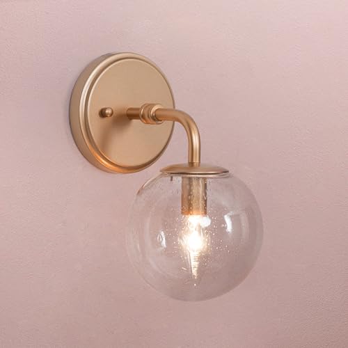 Image of Gold Wall Sconce, 1-Light Minimalist Sconces Wall Lighting with Seeded Glass Globe, Modern Wall Mounted Light Fixture for Bathroom, Bedroom, Living Room and Stairway
