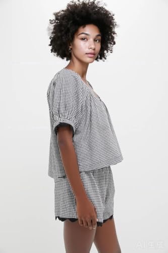 VAOYIU Women's Casual Elegance Two-Piece Linen Outfit Set with Scalloped Hem Summer Round Neck Puff Short Sleeve Top3