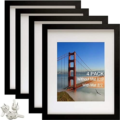 Picture Frames 8x10 Picture Frame Set of 4 Display Pictures 5x7 with Mat or 8x10 Without Mat Real Glass and Composite Wood for Wall or Tabletop Display Pre-Installed Wall Mounting Hardware (Black)