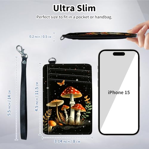 Slim Minimalist Front Pocket Wallet,Credit Card Holder Wallet for Women Men,RFID Blocking Credit Card Holder Case Leather Cute Thin Small Wallet ID Window&Wrist Strap,Red Mushroom Butterfly4