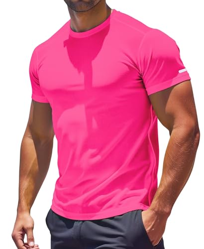 RGJU Workout Shirt Men Moisture Wicking Running T-Shirt(neon Pink S)