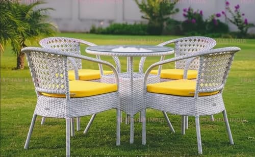 Image of India Outdoor Indoor Patio Furniture Sets Rattan Chair Patio Set Conversation Set Poolside Lawn Chairs Swingarea Balcony Outdoor Garden Furniture Chair (D-8 White with Yellow Cushion 4+1)
