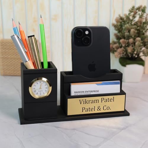 Image of Deskart Customized Pen Holder with Clock & Business Visiting Card Holder | Premium Stylish Office Stationary Organizer for Desk