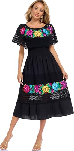 Image of YZXDORWJ Women Embroidered Mexican Peasant Casual Sexy Lace Off-Shoulder Long Dress