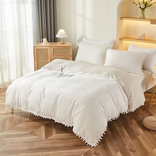 White And Beige Reversible Pom Pom Comforter Set Queen Size And Body Pillow Case Bundle #TOP5