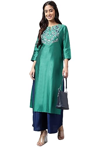 Image of Janasya Women's Peacock Green Poly Silk Yoke Embroidered Straight Kurta