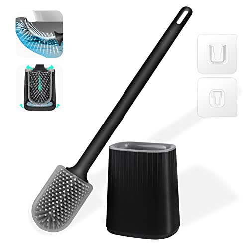 Silicone Toilet Brush and Holder Set, Wall Mounted, Flexible Flat Toilet Brush, Deep Cleaner Toilet Brushes and Holder for Bathroom with Turbo Drying, Silicone Toilet Brush No Drilling (Black2)