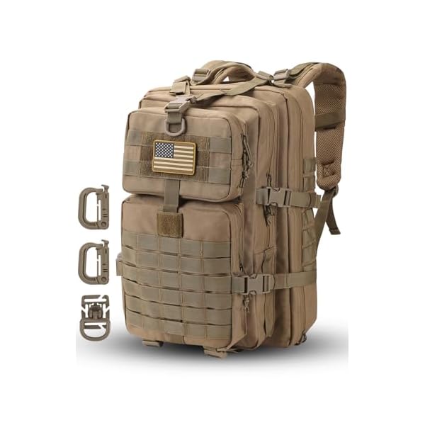 Hannibal Tactical MOLLE Assault Pack, Tactical Backpack Military Army Camping Rucksack, 3-Day Pack Trip w/USA Flag Patch, D-Rings, Coyote