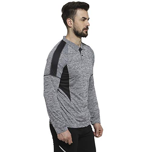 Image of Cahoot Men's Black & Grey Heathered Contrast Activewear T-Shirt for Casual Wear | Spread Collar | Long Sleeve | Half-Button Closure | T-Shirt Crafted with Comfort Fit for Everyday Wear