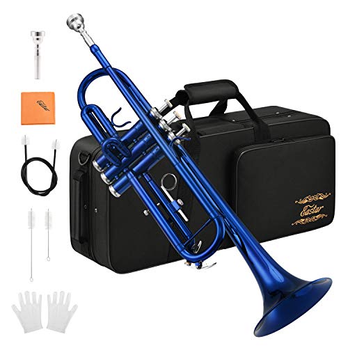 Eastar Bb Trompete mit Koffer Mundstück Handschuhe Reinigungsanzug Reinigungstuch, Blau (ETR-380BU)