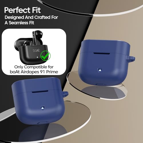 Image of Sounce Silicone Case Cover for Boat Airdopes 91 Prime, Soft Protective Shockproof Shell with Anti-Loss Keychain Clip, Dustproof and Scratch-Resistant Design, Secure Fit with Protection, (Blue)