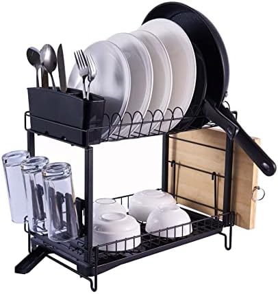 YP Dish Drying Rack with Drainboard, 2 Tier Dish Drainers for Kitchen Counter, Kitchen Dish Rack Organizer with Removable Utensil Holder, Black