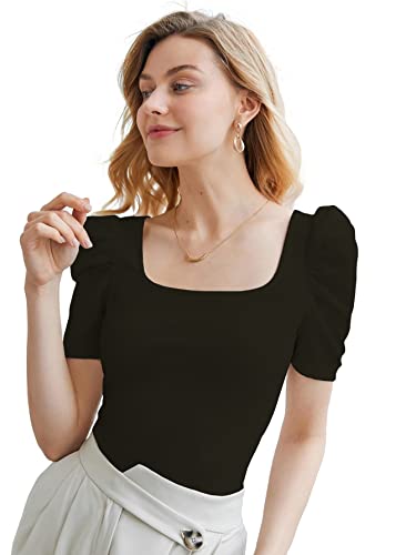Image of Shasmi Women's & Girl's Polyester Pleated High Neck Short Puff Sleeve Ruched Bust Solid Regular Fit Top