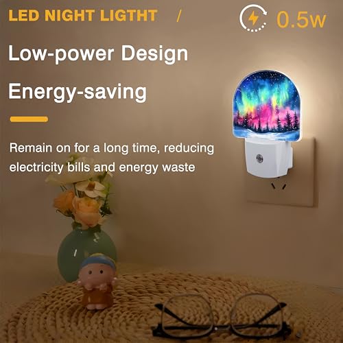 Image of Night Light, Northern Lights in Winter Forest Sky Night Lights Plug into Wall Dusk to Dawn Sensor Round Nightlight for Women Men Energy Efficient Led Lamp 0.5W for Stairway Hallway Bedroom