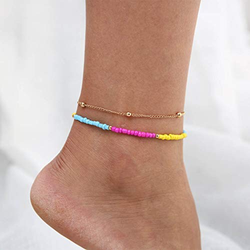 Aimitery Boho Layered Anklets Gold Bead Ankle Bracelet with Multicolor Chain Jewelry for Women and Girls