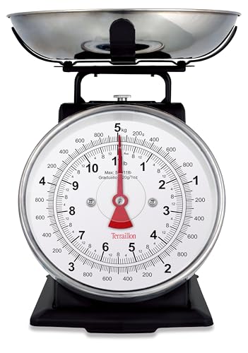 TERRAILLON Vintage-Küchenwaage – Manuelle Tara, großes Ziffernblatt und 1 L Schüssel, Wiegebereich 5 kg – Modell 'Tradition 500' Schwarz