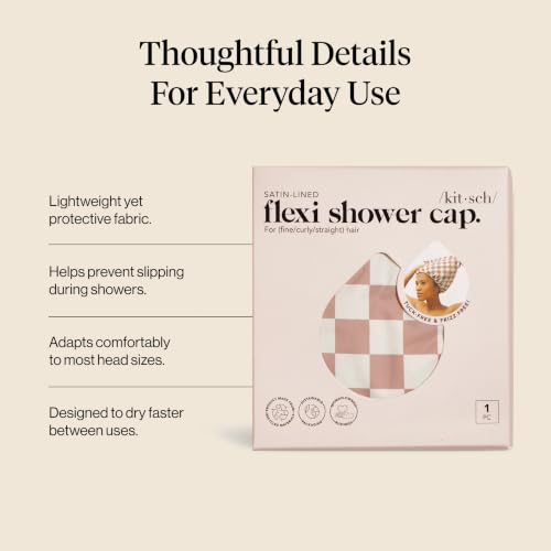 Image of Kitsch Luxury Satin-Lined Flexi Shower Cap for Women - Terracotta Checker | Shower Caps for Women Reusable Waterproof - Non-slip, Comfortable Quick-dry Hair Shower Cap for All Hair Types