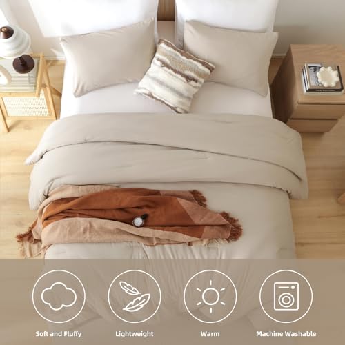 Image of ROSGONIA Oversized King Comforter 128x120, 3pcs Super King Plus Comforter Set (1 Light Khaki Comforter & 2 Pillowcases) Lightweight Oversized King Bedding Set Quilt