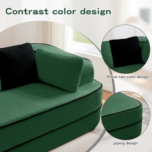 Image of KEIKI Modular Boneless Sectional Teddy Sofa Couch with Chaise for Living Room, Oversized 77.2 inch Loveseat Chaise Lounge Indoor for Small Spaces, Modern Comfy Apartment Size Couch for Bedroom, Green
