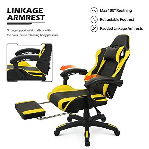 Monibloom Gaming Chair Office Chair Leather High Back Computer Chair With Headrest And Lumbar Support 360° Swivel Ergonomic Footrest Adjustable Gamer Chair For Adult Teen Home Office Using, Yellow #TOP6
