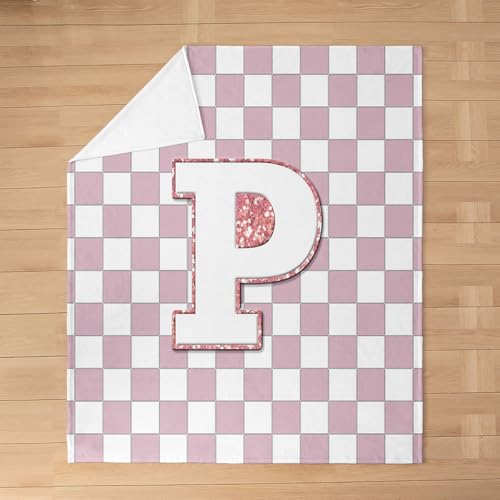 Image of Erosebridal Pink Initial P Fleece Blanket Throw 50 inchx60 inch Kawaii Plaid Checkered Flannel Blanket Cute Personalized Monogram Fuzzy Plush Throw for Kids Girls,Fashion Grids Gingham Decor for Bed Couch