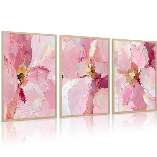 Abstract Floral Wall Art Pink Flower Canvas Pictures Modern Wall Decor Blush Pastel Pink Prints Peony Painting Minimalist Poster Botanical Artwork for Bedroom Living Room 12x16 Inch Unframed set of 3