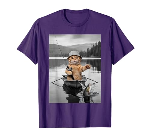 Weird Cat Selfie Boat Fishing Funny Cat Meme T-Shirt