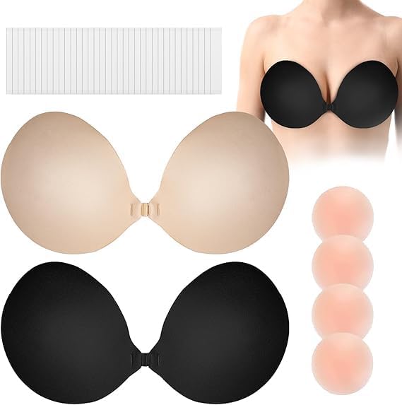 2 Pcs Push Up Adhesive Bra Black & Nude with 36 Pcs Double Sided Clothing Tape & 4 Silicone Nipple Covers, Strapless Backless Stick On Bra for Women, Reusable Invisible Self Adhesive Bra-image-38
